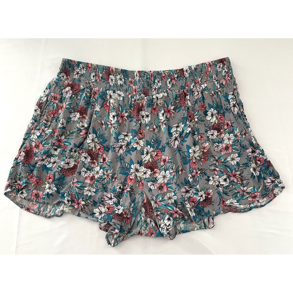 Torrid Floral Pull On Flowy Shorts Gray Pink Blue Rayon Women Size 3X -mpv